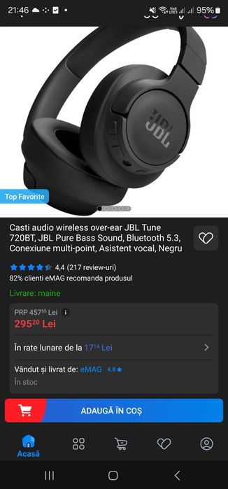 Casti audio wireless over-ear JBL Tune 720BT JBL Pure Bass Sound, Blu
