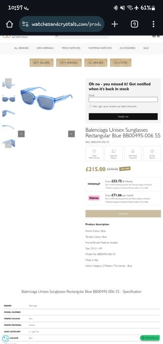 Balenciaga Unisex Sunglasses Rectangular Blue BB0049S-006 55 ®️