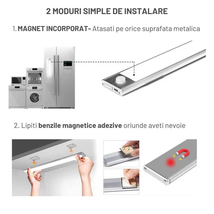 Lampa LED SLIM cu senzor miscare, suport magnetic - 20/30/40/60/80 cm