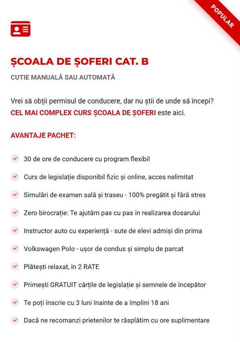 Școala de șoferi cat. B / redobândire permis / perfecționare auto / reexaminare traseu - Botoșani