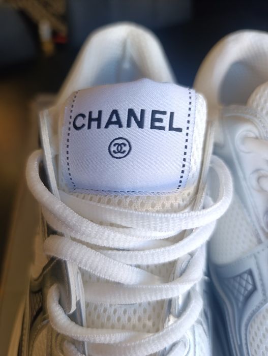 Chanel CC Logo Metallic Trainer White Silver