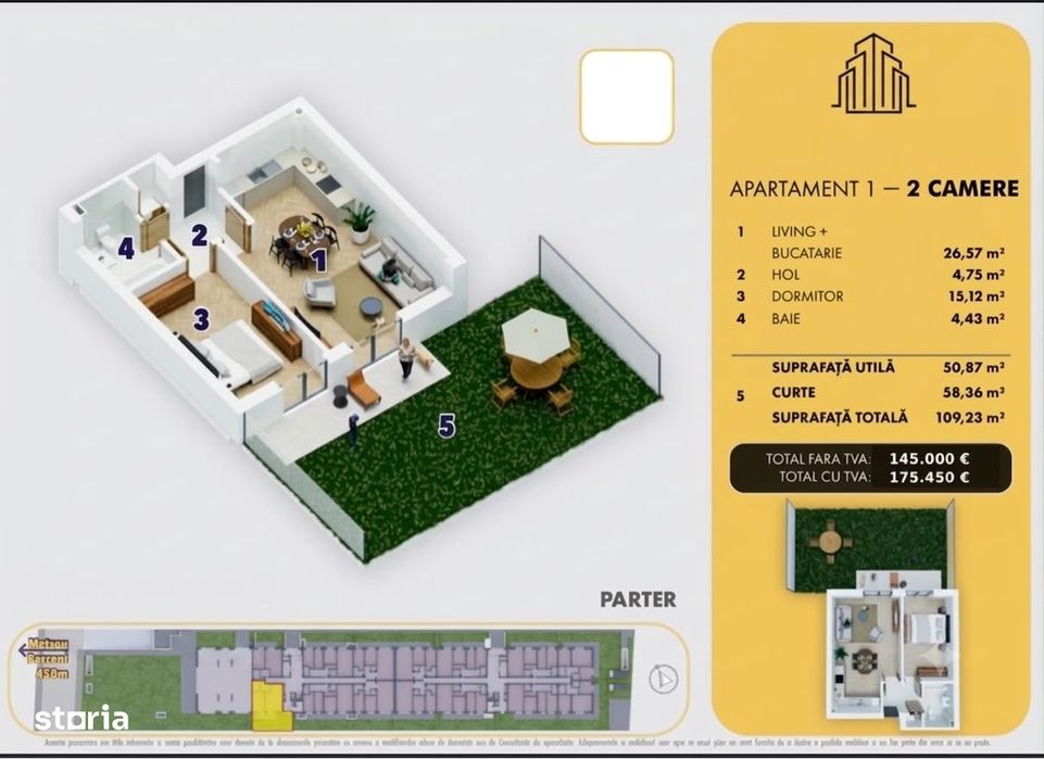 5 Minute Metrou Berceni - Apartament 2 Camere + Curte  - 175.450€