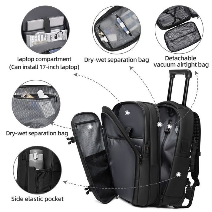 Rucsac Trolley cu Compresie Vacuum, Compartiment Laptop 17", Negru, Poliester