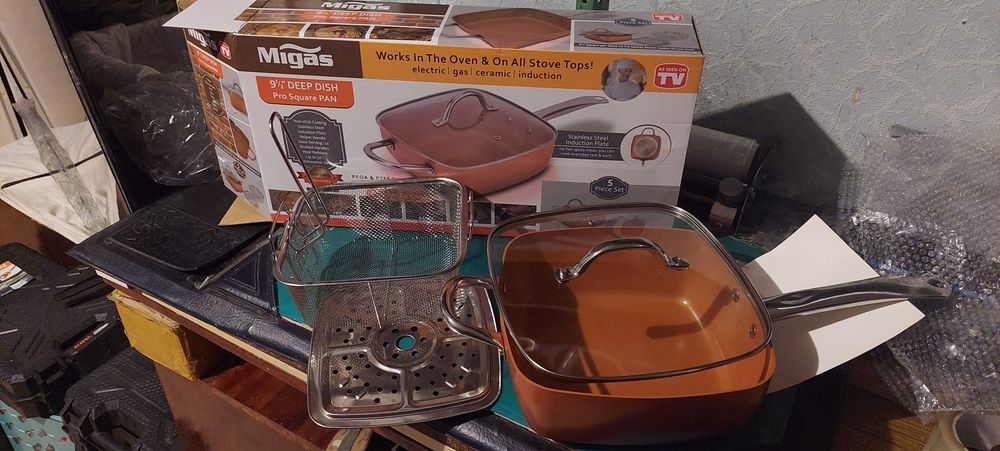 Нов дълбок меден тиган Copper Pan Комплект 6 в 1, Незалепващо Cerami-Tech покритие, Индукционно дъно, Стъклен капак, Кошница, Тава за готвене на пара