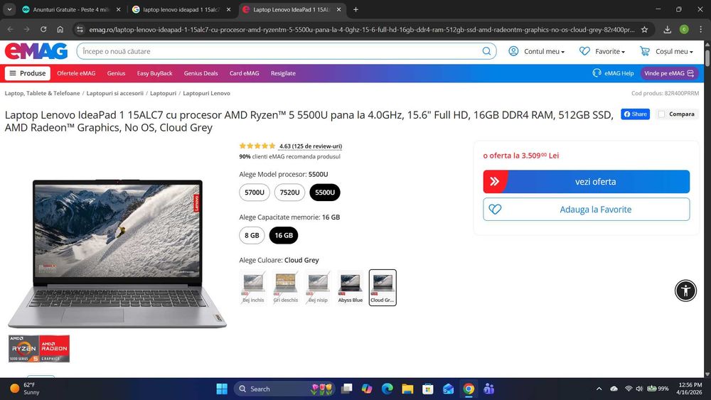 Laptop Lenovo IdeaPad Ryzen 5 5500U 512GB SSD 12GB RAM Garantie 12 Luni