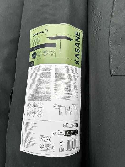 Umbrela de soare pentru gradina GoodHome Kasane, 3 x 2 m, gri/neagra, cu manivela, noua, fara baza