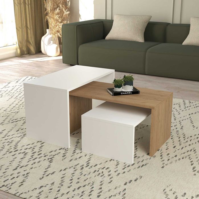 Комплект холни масички Puzzle-home HM9444, ПДЧ, Сонома - бял, 65x35x45