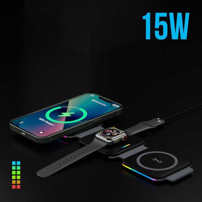 Incarcator Magnetic 3 in 1 Siegdorn | Fast Charge 15W | RGB LED