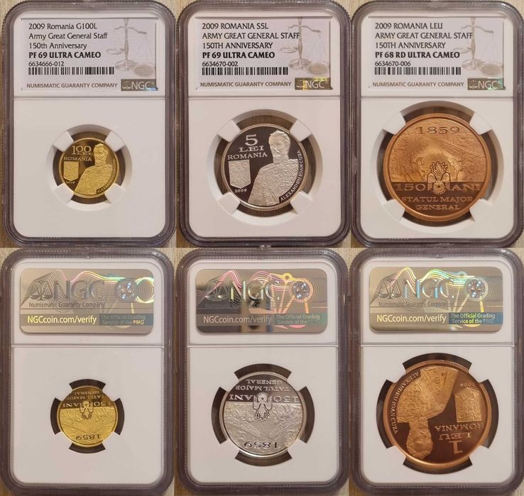 Set 3 monede BNR, aur argint tombac Statul Major General gradate NGC