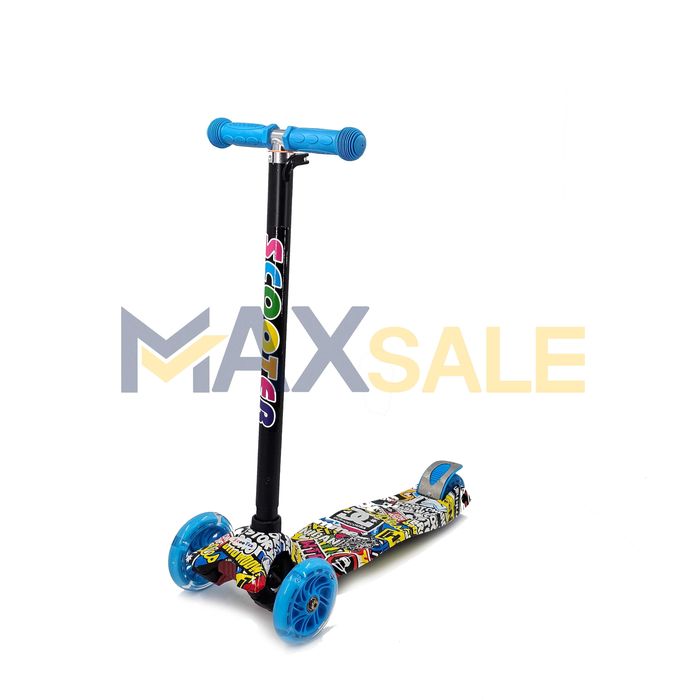 Детска тротинетка с 3 светещи колела синьо / многоцветна скутер колело