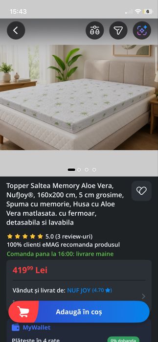 Topper Saltea Memory Aloe Vera, NufJoy®, 160x200 cm, 5 cm grosime, Spuma cu memorie, Husa cu Aloe Vera matlasata