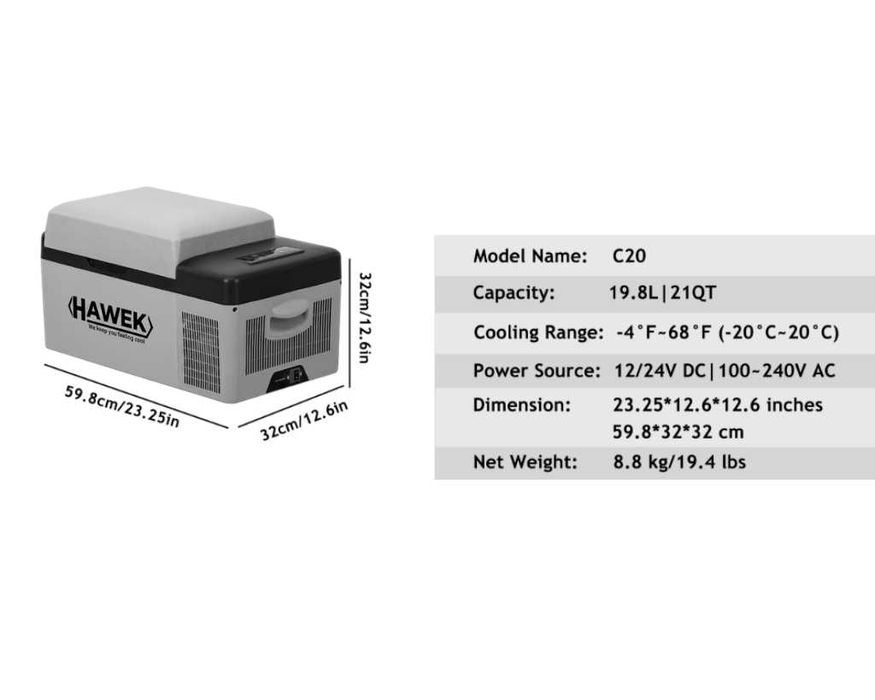 НЕМСКИ Портативен Компресорен Хладилник HAWEK 20L – 12V / 24V / 220V | Охлаждане И Замразяване Навсякъде модел: С20 + ЛЕД ФЕНЕР