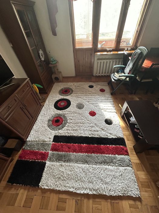 Ковер «травка» белый с рисунком и шерстяной синий