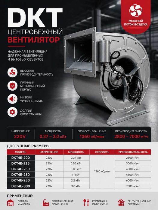 DKT Вентилятор центробежный 220V промышленный вытяжной