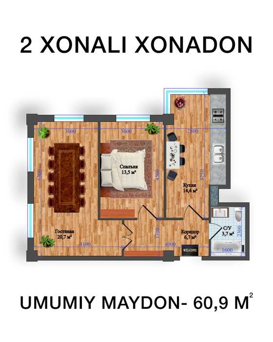 58 000$ dollarga 2 xonali xonadon