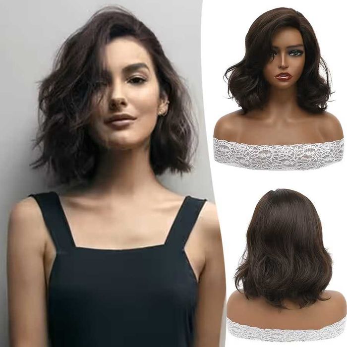 Тъмно кафява чуплива перука с асиметрична прическа 33 см