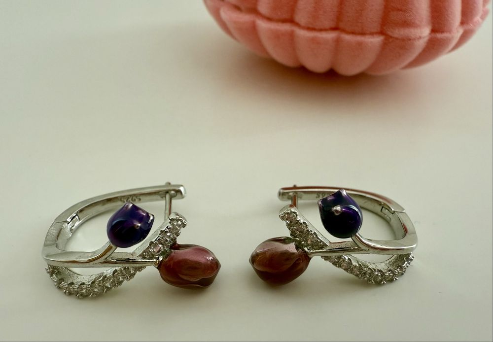 Сребърни обеци S925 с камък - цирконий - Роза