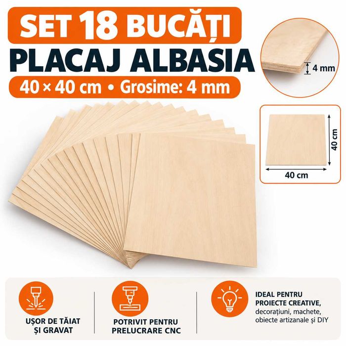 Set 18 plăci placaj Albasia 40×40 cm – 4 mm – laser, cnc