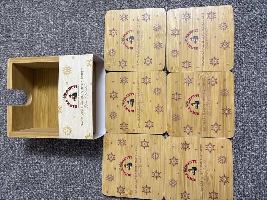 Set  6 suporturi de pahare din lemn gravate cu logo Birra Moretti
