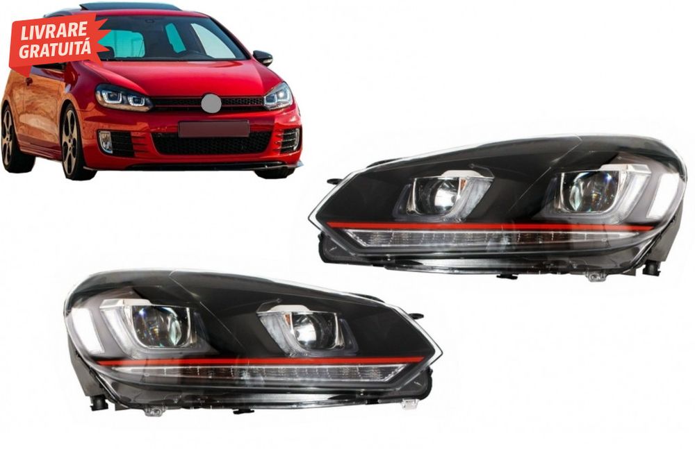 Faruri LED VW Golf 6 VI (2008-2012) Golf 7 U Design With Red Strip GTI