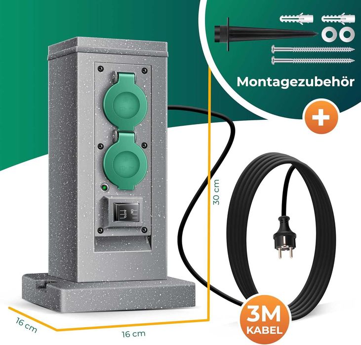 Градински контакт с колона със сензор за здрач, пластмасов разклонител