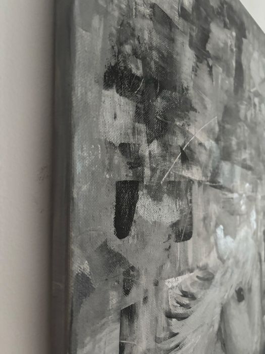 Tablou pictat de mana cal alb-negru gri