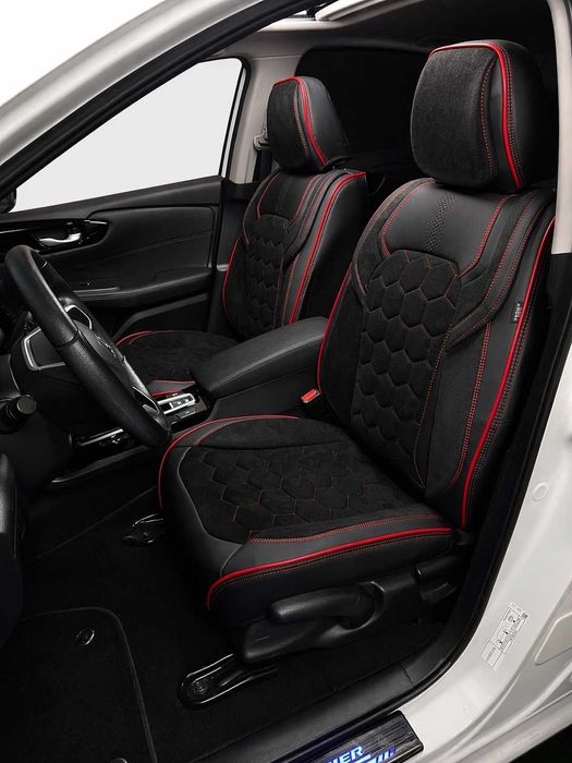 Комплект луксозна универсална тапицерия еко кожа и алкантара - черна, черно-сива или черно-червена.