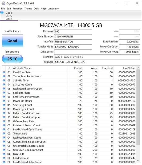 HDD Toshiba MG07ACA14TE 14TB Enterprise | SMART OK | 8988h functionare
