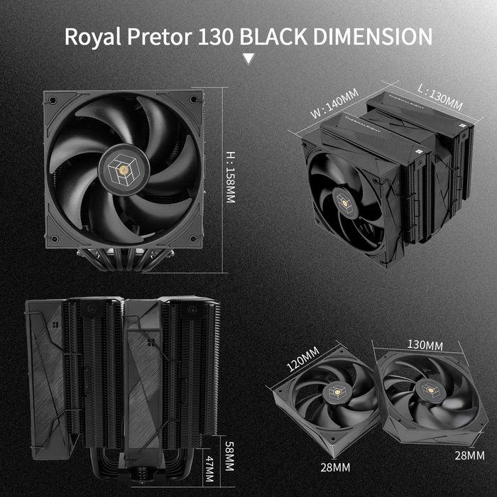Cooler CPU Procesor Aer PC Desktop Thermalright Royal Pretor 130 Negru 6 heatpipe Ventilatoare Dual PWM AMD AM4 AM5 Intel LGA 1851 1700 1150 1151 2011
