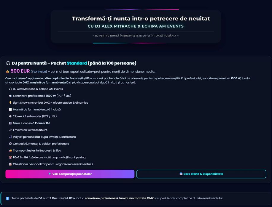 DJ Nunta 500E Botez 400E - Pachet All Inclusive AM Events cu Contract