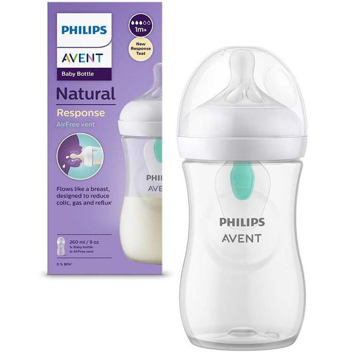 Biberon Philips Avent Natural Response SCY673/01, cu dispozitiv anticolici AirFree, 260 ml, tetina care functioneaza ca sanul mamei, cu debit 3, etc