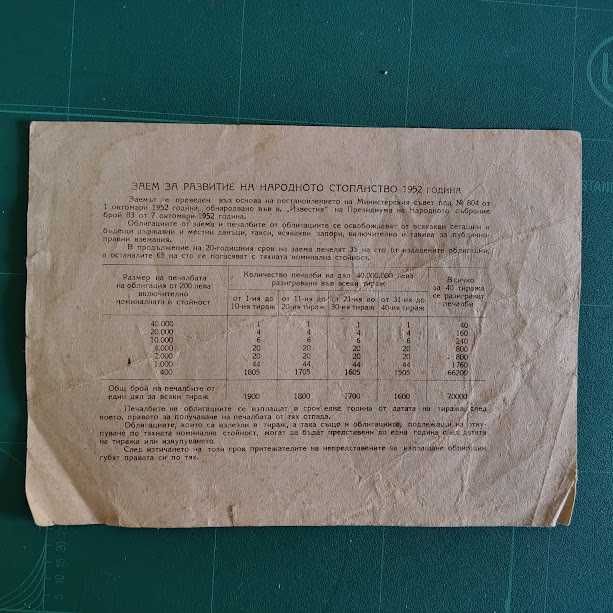Лот 2 бр. автентични облигации 1952 г., 20 лв. (близки номера)