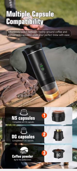 Espressor portabil cu LED cafea calda/rece 72W rezerv 80ml 7500mAh ALB