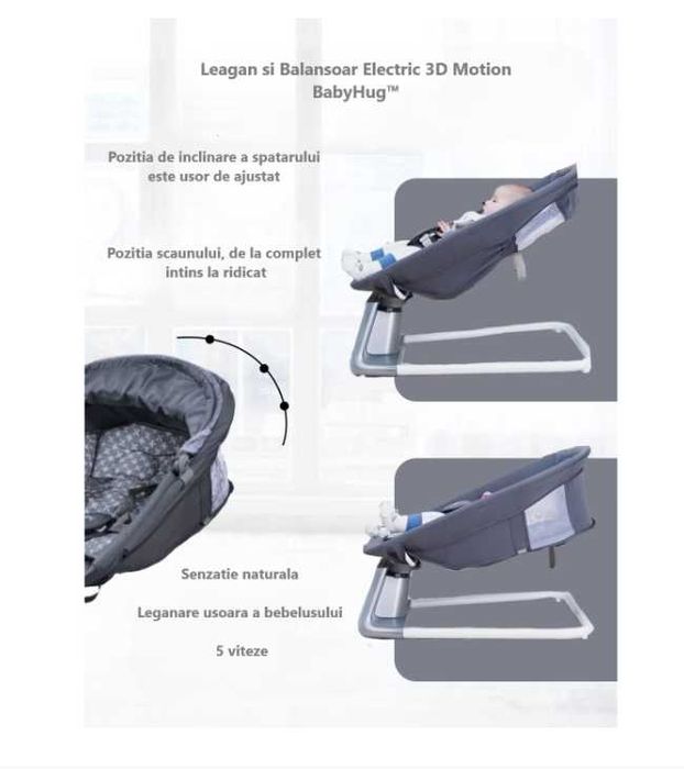 Leagan si Balansoar Electric 3D Motion BabyHug cu Telecomanda si BT