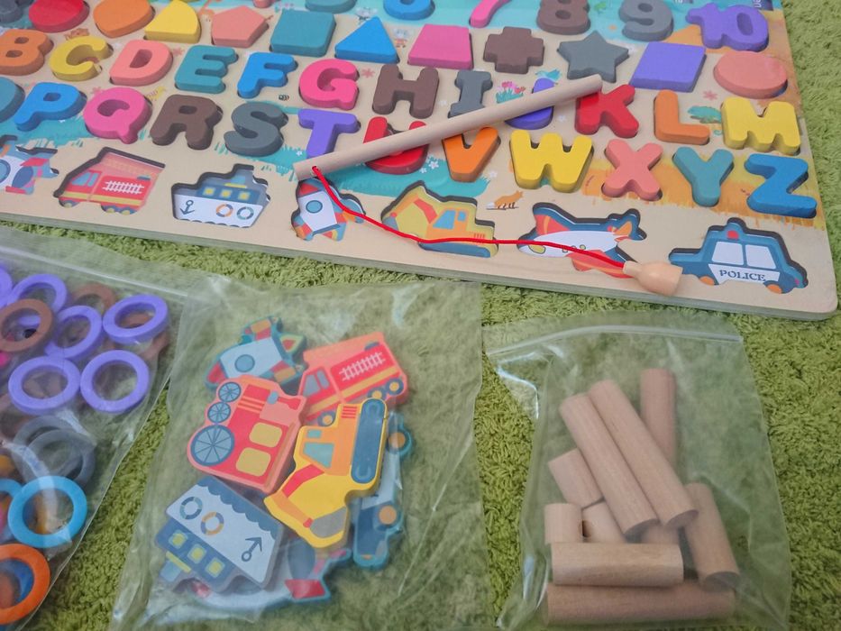 Дървена образователна игра азбука, цифри, магнитни рибки Монтесори