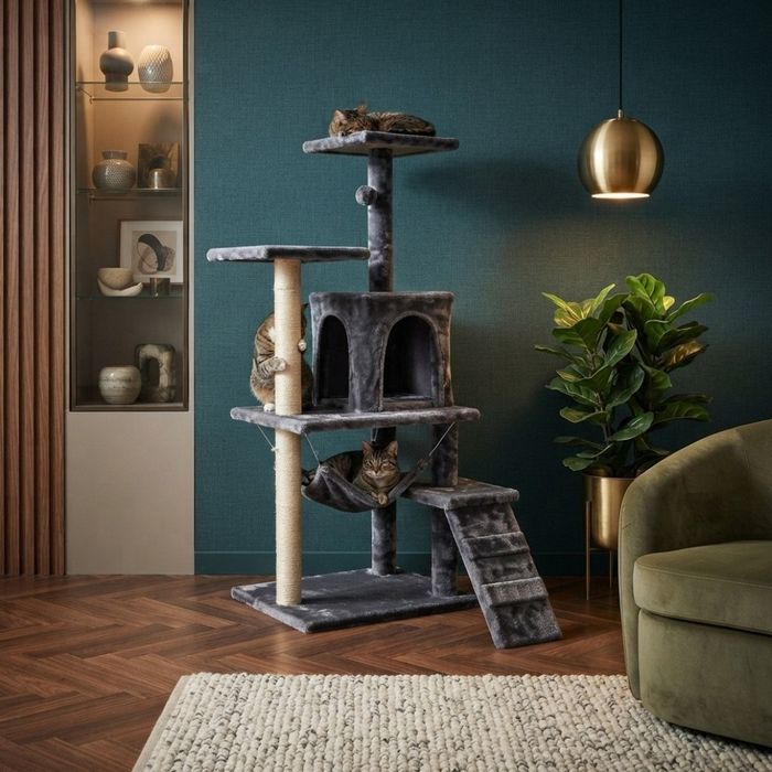 Котешки център за игра и почивка с драскалка и къщичка, 125 см