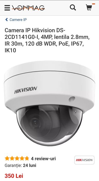 Camera de supraveghere IP Hikvision , 4MP, Nouă in cutie, Garanție