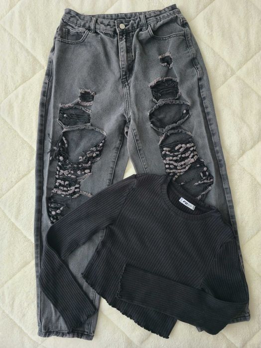 Дамски сет – накъсани сиво-черни дънки + черна къса блузка