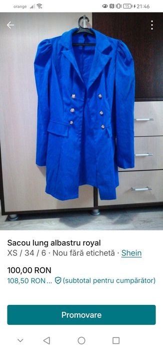 Sacou lung albastru Royal XS