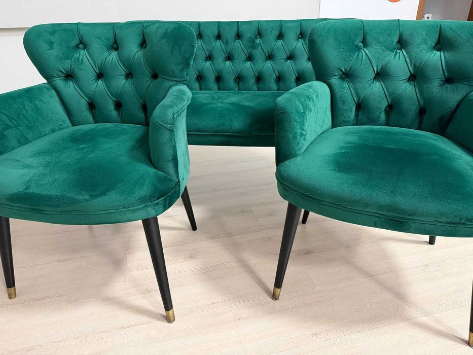 Vând Set Elegant Canapea 2 Locuri și 2 Fotolii – Catifea Verde Premium (Stare Impecabilă)