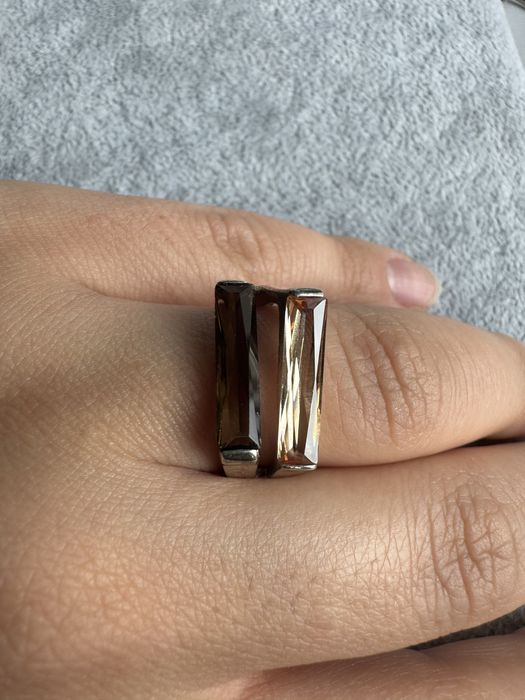 Inel din argint, cuart fumuriu si citrin