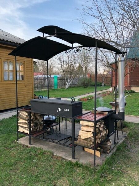 Дачная кухня мангал барбекю шашлычница смокер гриль с навесом очаг