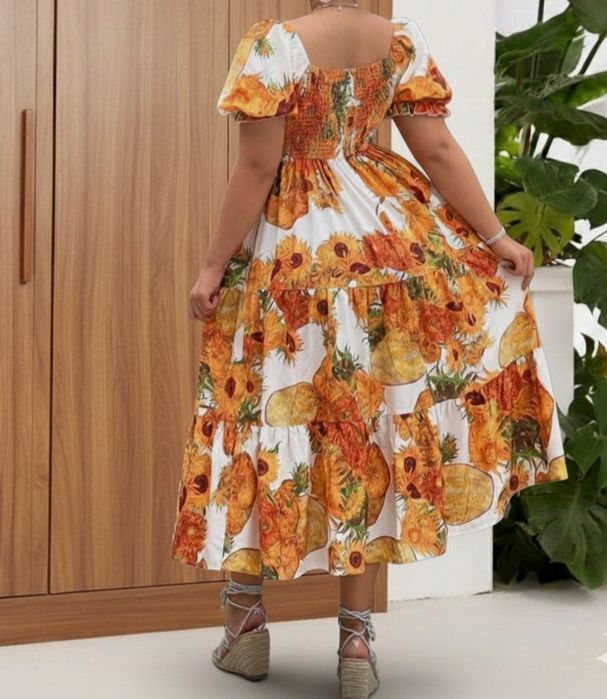 Rochie unicata lunga cu model floarea soarelui