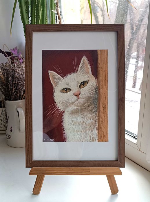 Картина пастелью в раме, картина с котом