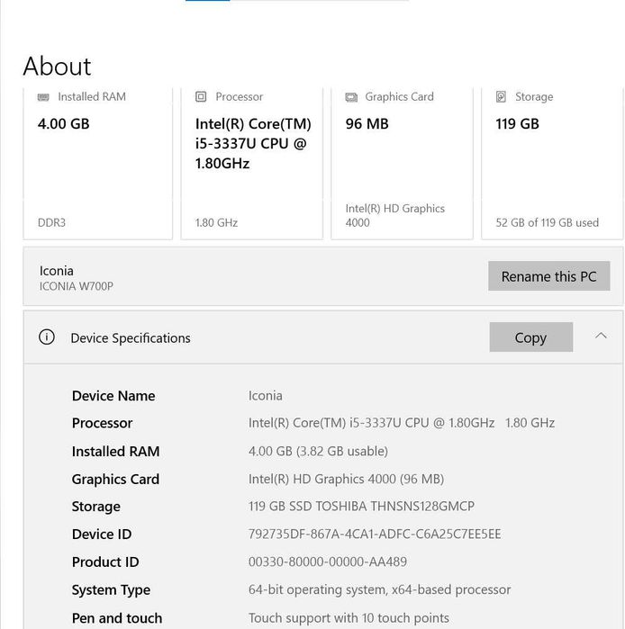 Acer Iconia W700P cu i5 si ssd