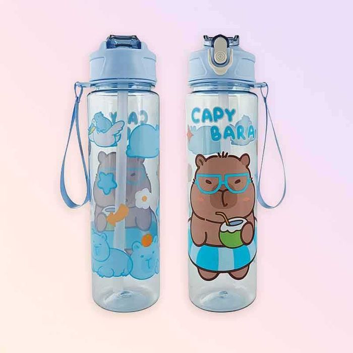 Бутилка за вода 800 мл, синя, празничен дизайн CAPIBARA