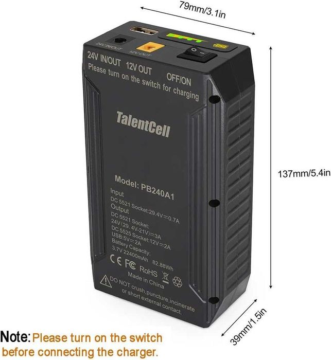 TalentCell PB240A1 Baterie li-ion reîncărcabilă (DC 24/12V și 5V USB)