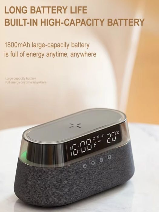 Беспроводная зарядка ,калонка,часы,будилник,FM-радио,RGB-подцветка