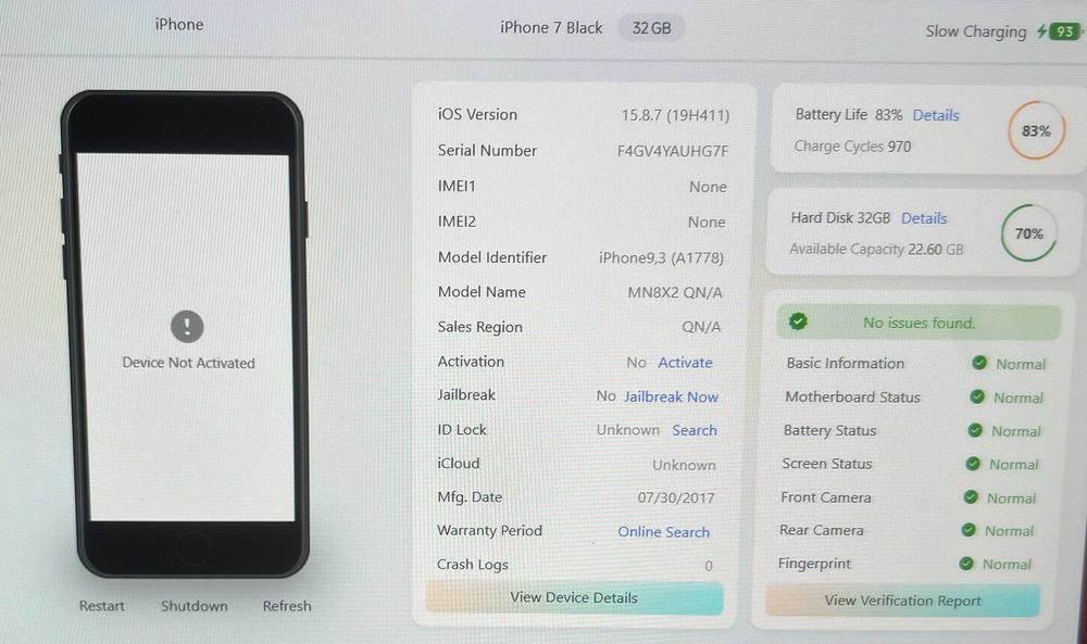 iPhone 7 Black 32GB neactivat 83% baterie pentru piese/proiect