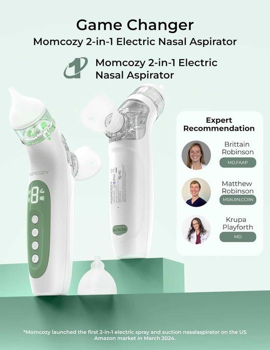 Momcozy BreezyClear™ 2-в-1 електрически назален аспиратор за бебета със спрей, 65kPa засмукване